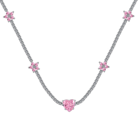 [Glimmer Jewelry]Dazzling Pink Heart Flower Necklace
