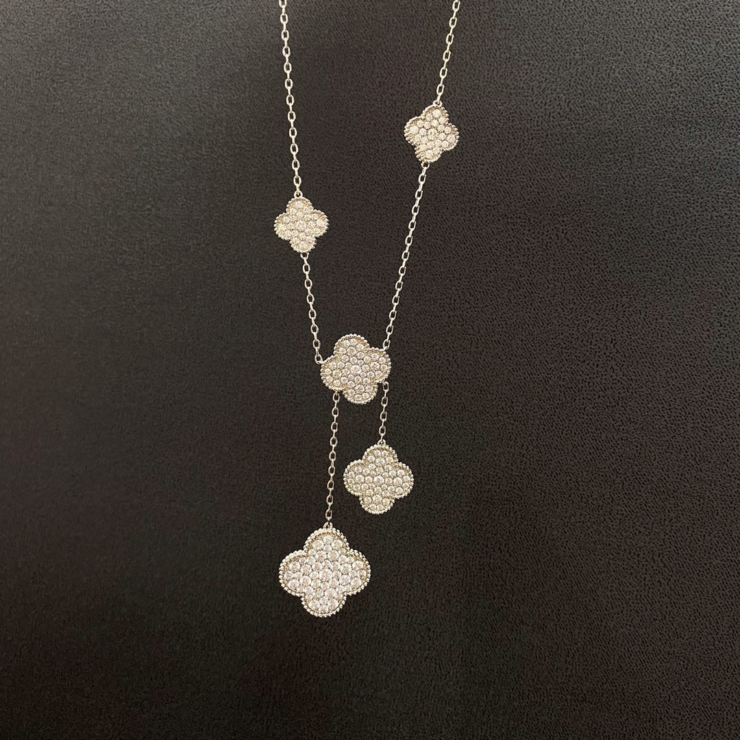 [Glimmer]CLOVER 5 MOTIFS SILVER DIAMONDS NECKLACE