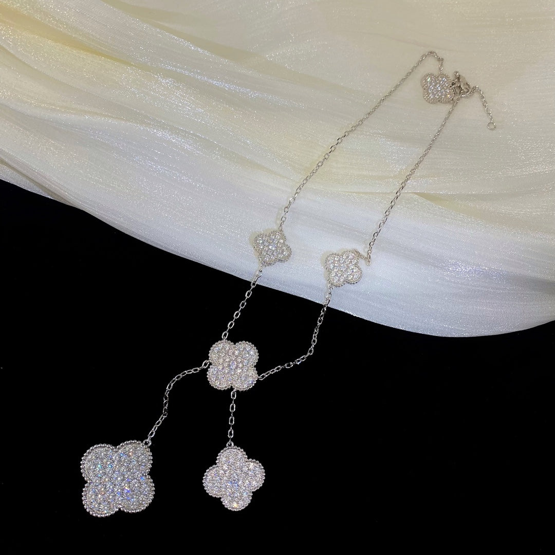 [Glimmer]CLOVER 5 MOTIFS SILVER DIAMONDS NECKLACE