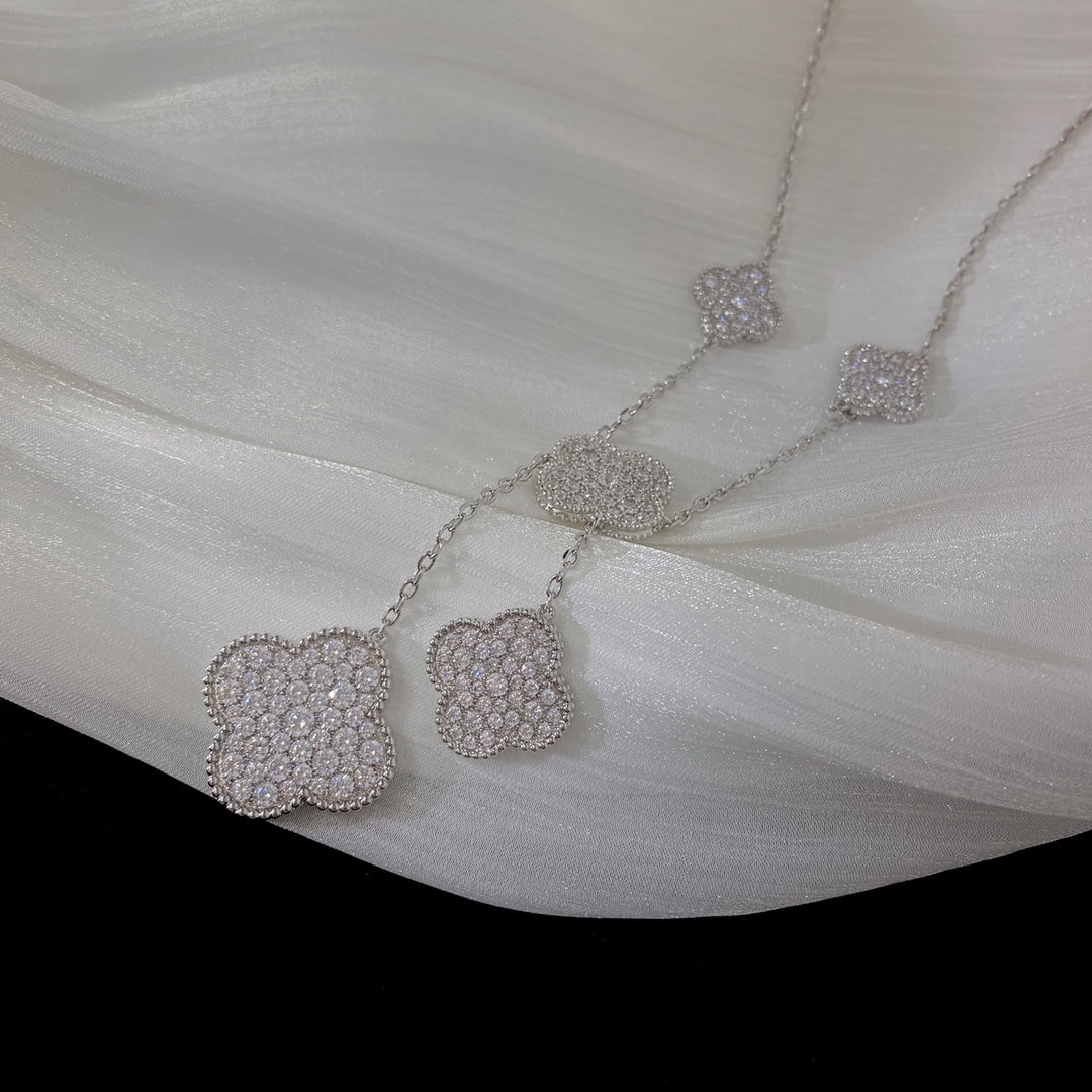 [Glimmer]CLOVER 5 MOTIFS SILVER DIAMONDS NECKLACE
