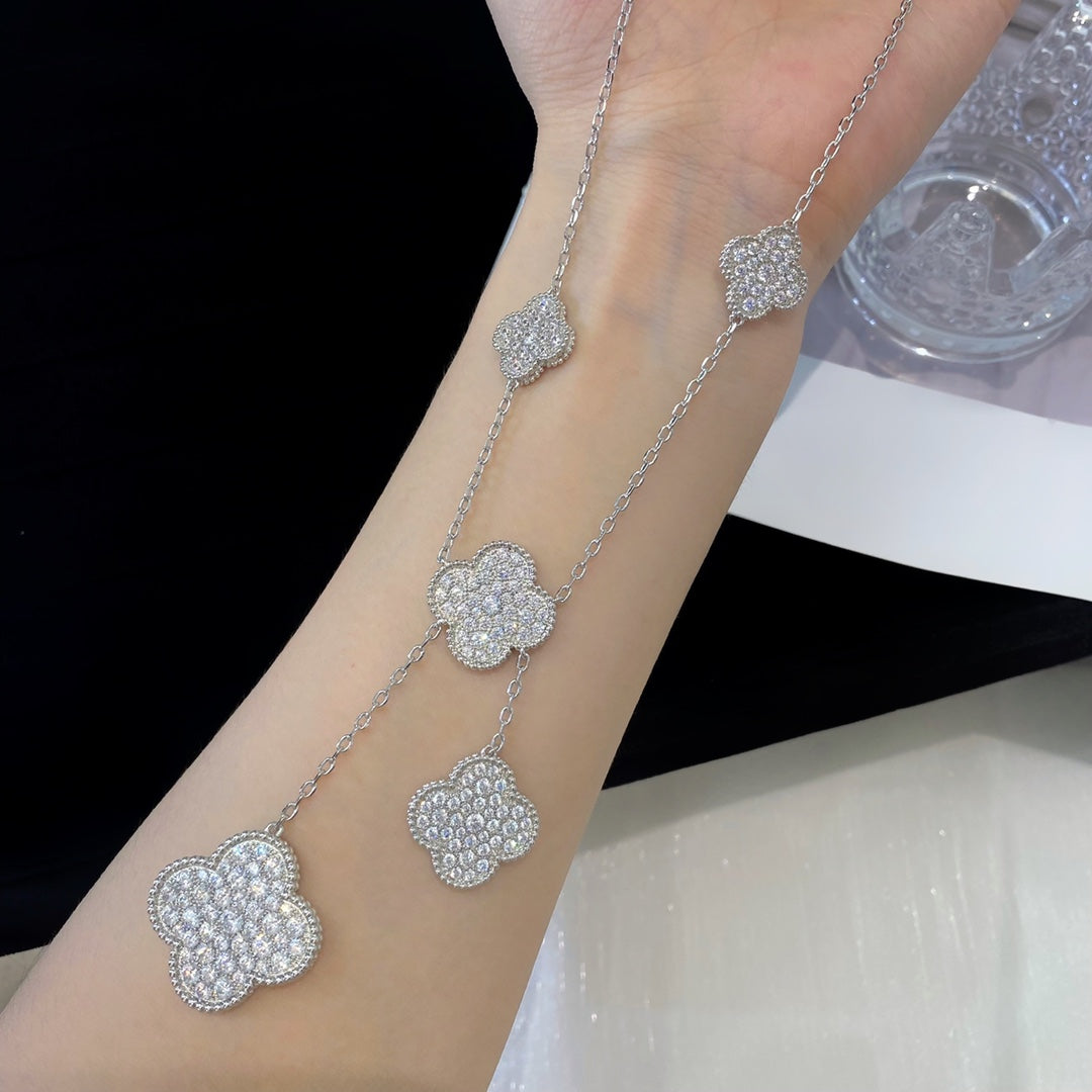 [Glimmer]CLOVER 5 MOTIFS SILVER DIAMONDS NECKLACE