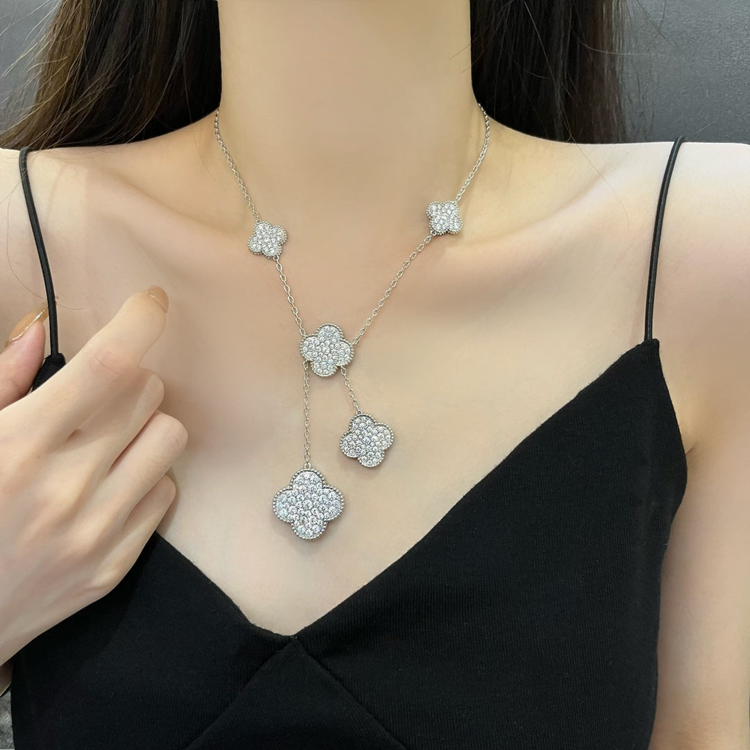 [Glimmer]CLOVER 5 MOTIFS SILVER DIAMONDS NECKLACE