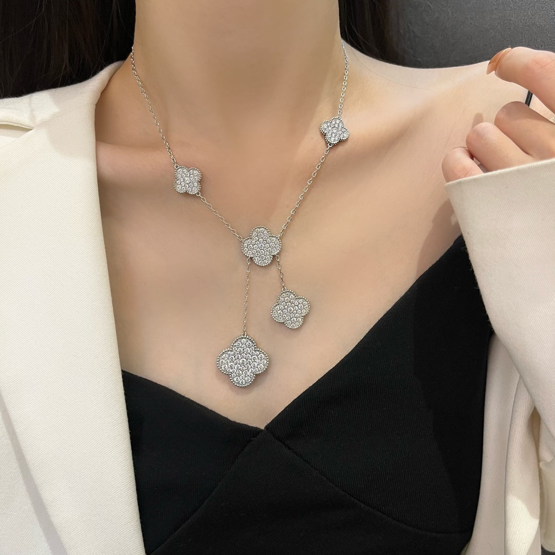 [Glimmer]CLOVER 5 MOTIFS SILVER DIAMONDS NECKLACE