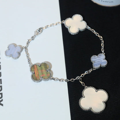 [Glimmer]CLOVER BRACELET 5 MOTIFS MOP CHALCEDONY SILVER