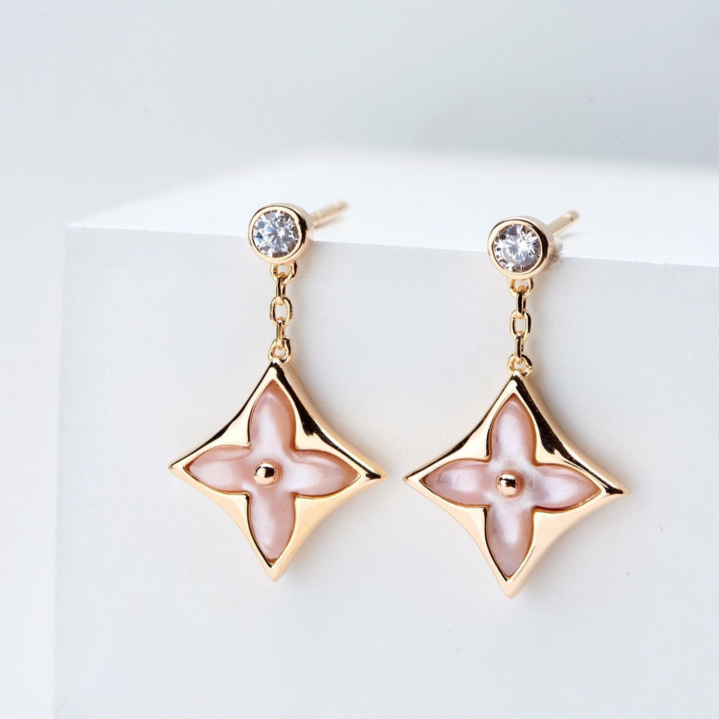 [Glimmer]DOUBLE STAR PINK GOLD MOP DROP EARRINGS