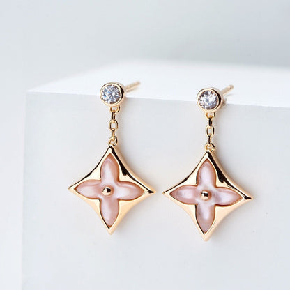 [Glimmer]DOUBLE STAR PINK GOLD MOP DROP EARRINGS