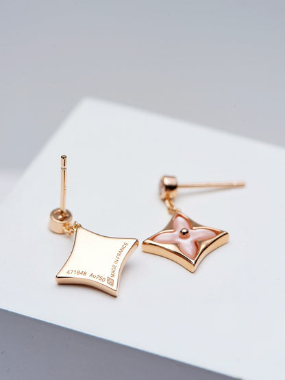 [Glimmer]DOUBLE STAR PINK GOLD MOP DROP EARRINGS