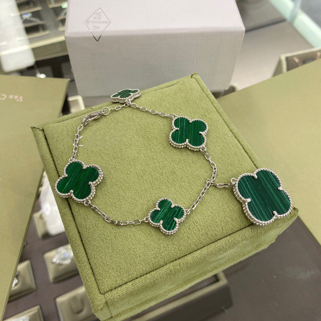[Glimmer]CLOVER 5 MOTIFS SIVLER MALACHITE BRACELET