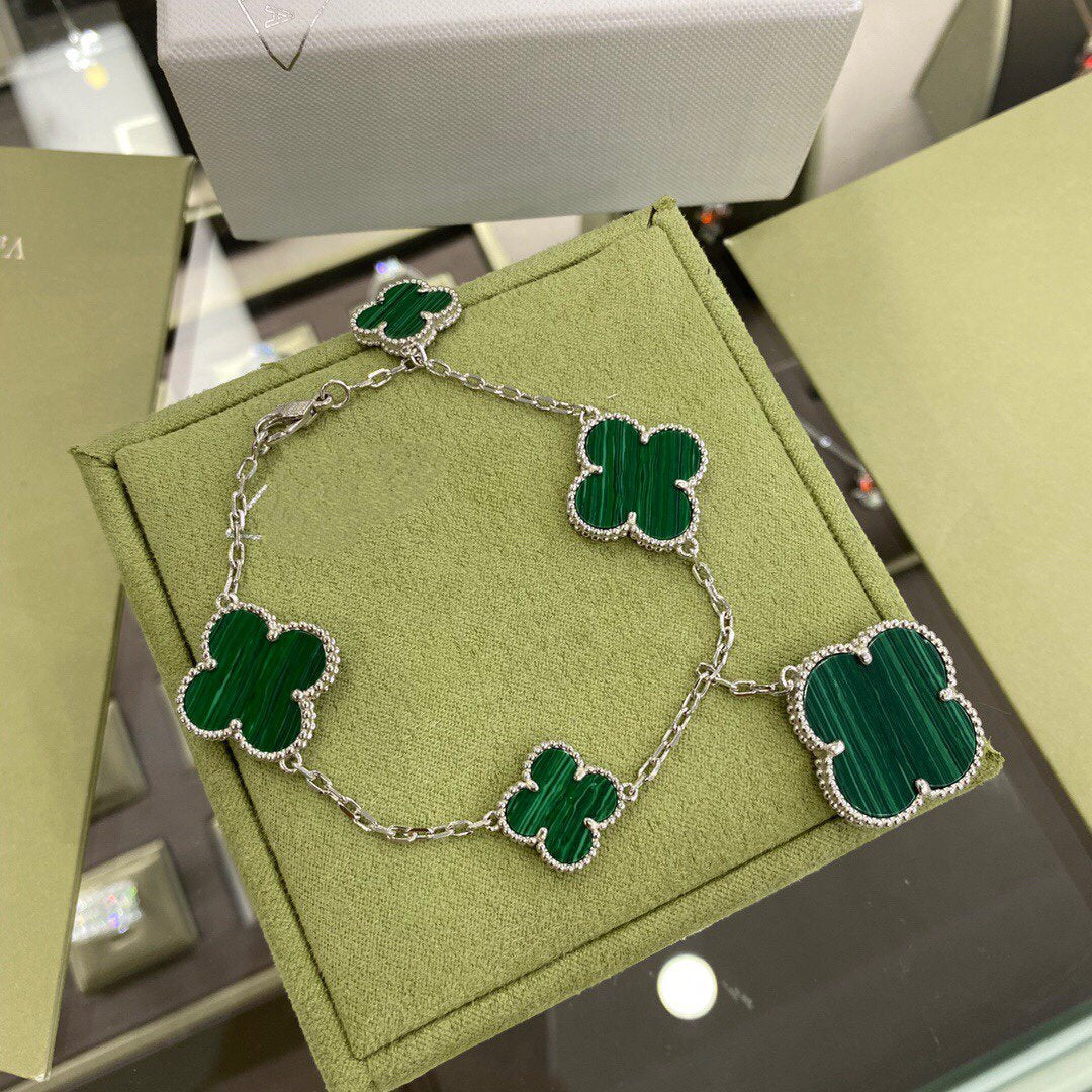[Glimmer]CLOVER 5 MOTIFS SIVLER MALACHITE BRACELET
