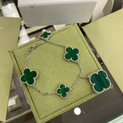 [Glimmer]CLOVER 5 MOTIFS SIVLER MALACHITE BRACELET