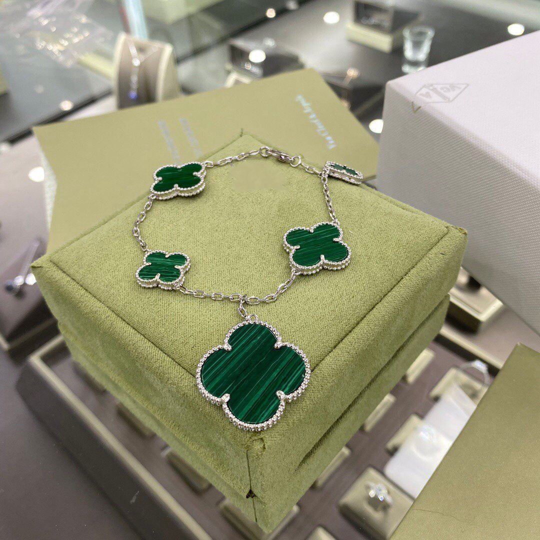 [Glimmer]CLOVER 5 MOTIFS SIVLER MALACHITE BRACELET