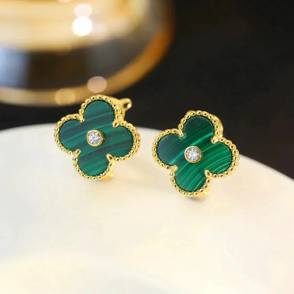 [Glimmer]CLOVER MEDIUM 1 MOTIFS MALACHITE DIAMOND EARRINGS