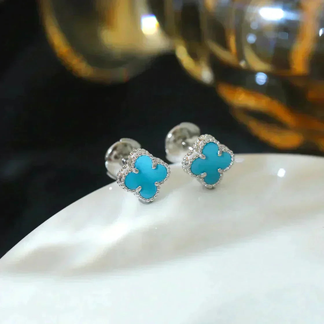[Glimmer]CLOVER MINI 9.5MM ONYX STUD EARRINGS SILVER
