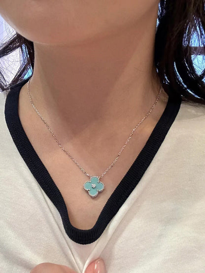 [Glimmer]CLOVER 1 DIAMOND LIGHT BLUE SILVER NECKLACE