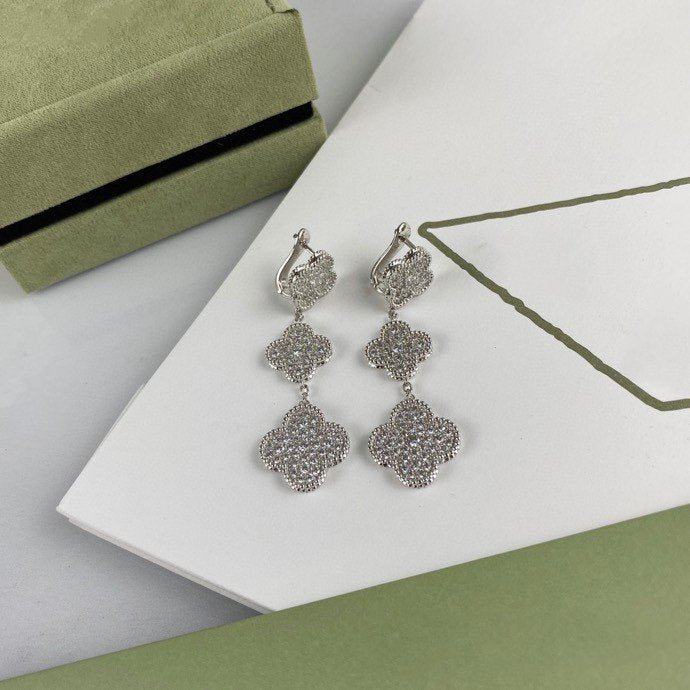 [Glimmer]CLOVER 3 MOTIF DIAMOND SILVER DROP EARRINGS
