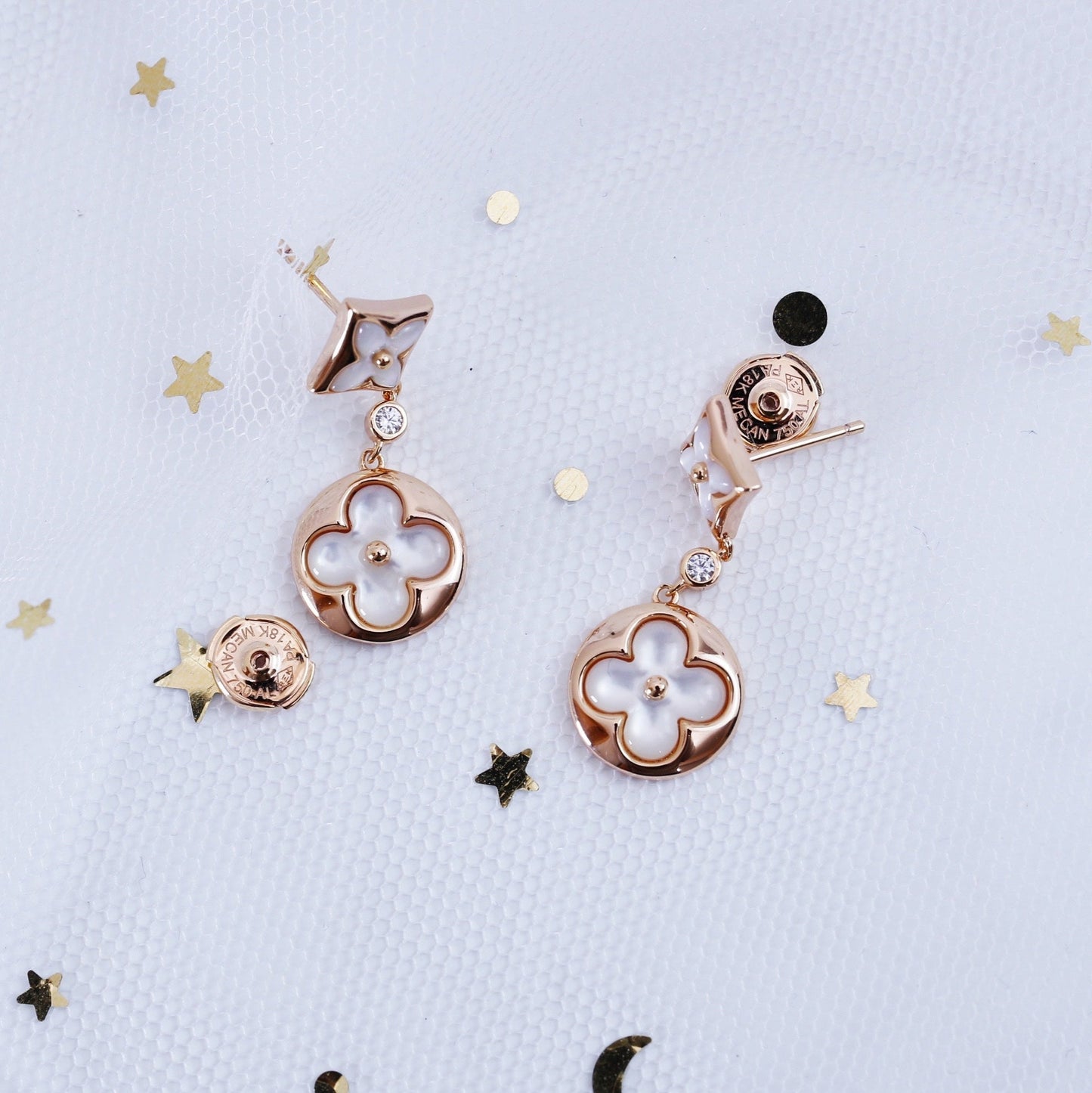 [Glimmer]STAR AND SUN PINK GOLD MOP DROP EARRINGS
