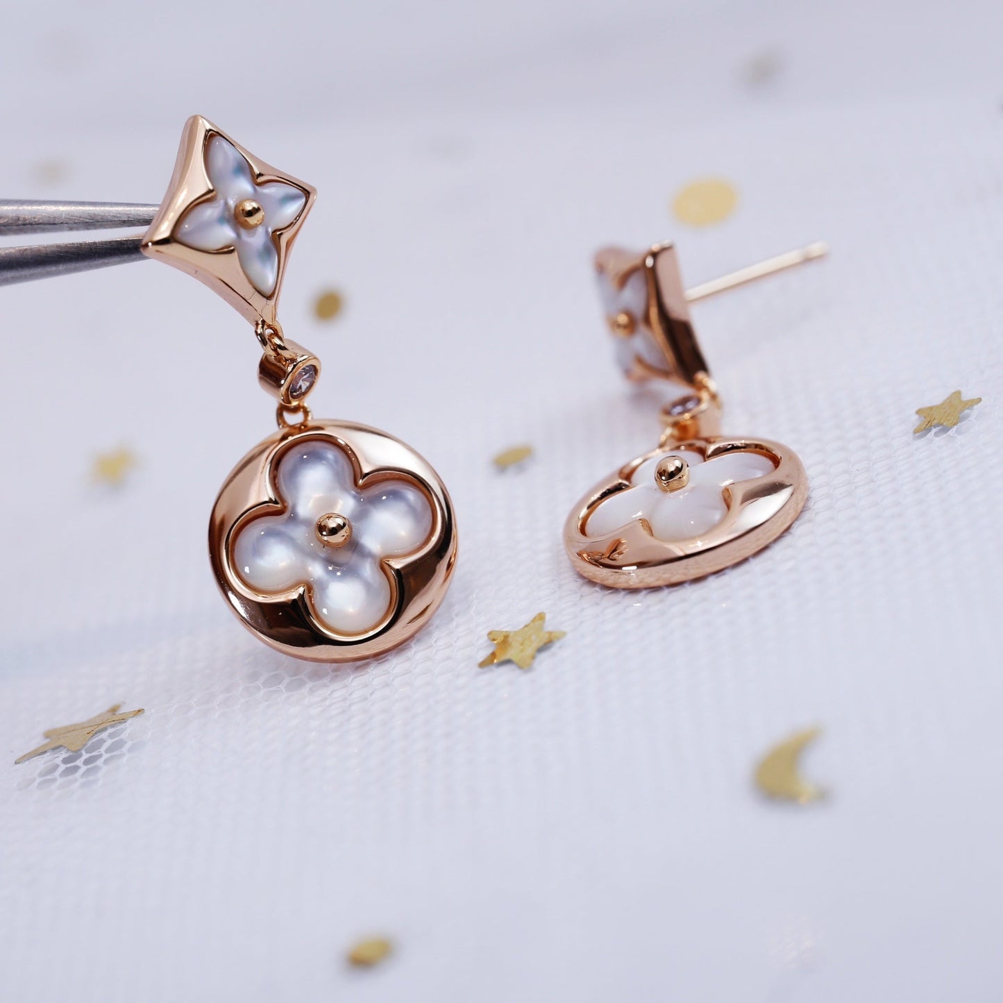 [Glimmer]STAR AND SUN PINK GOLD MOP DROP EARRINGS