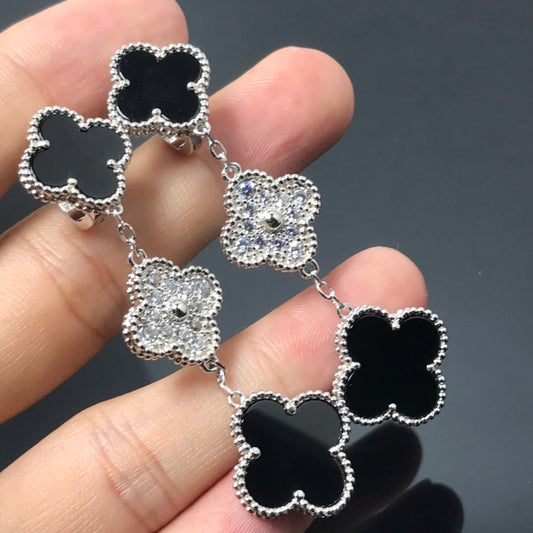 [Glimmer]CLOVER 3 MOTIF DIAMOND ONYX SILVER EARRINGS