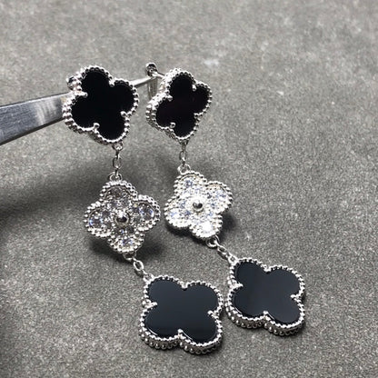 [Glimmer]CLOVER 3 MOTIF DIAMOND ONYX SILVER EARRINGS