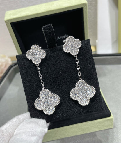 [Glimmer]CLOVER 2 MOTIFS DIAMOND PAVED SILVER EARRINGS