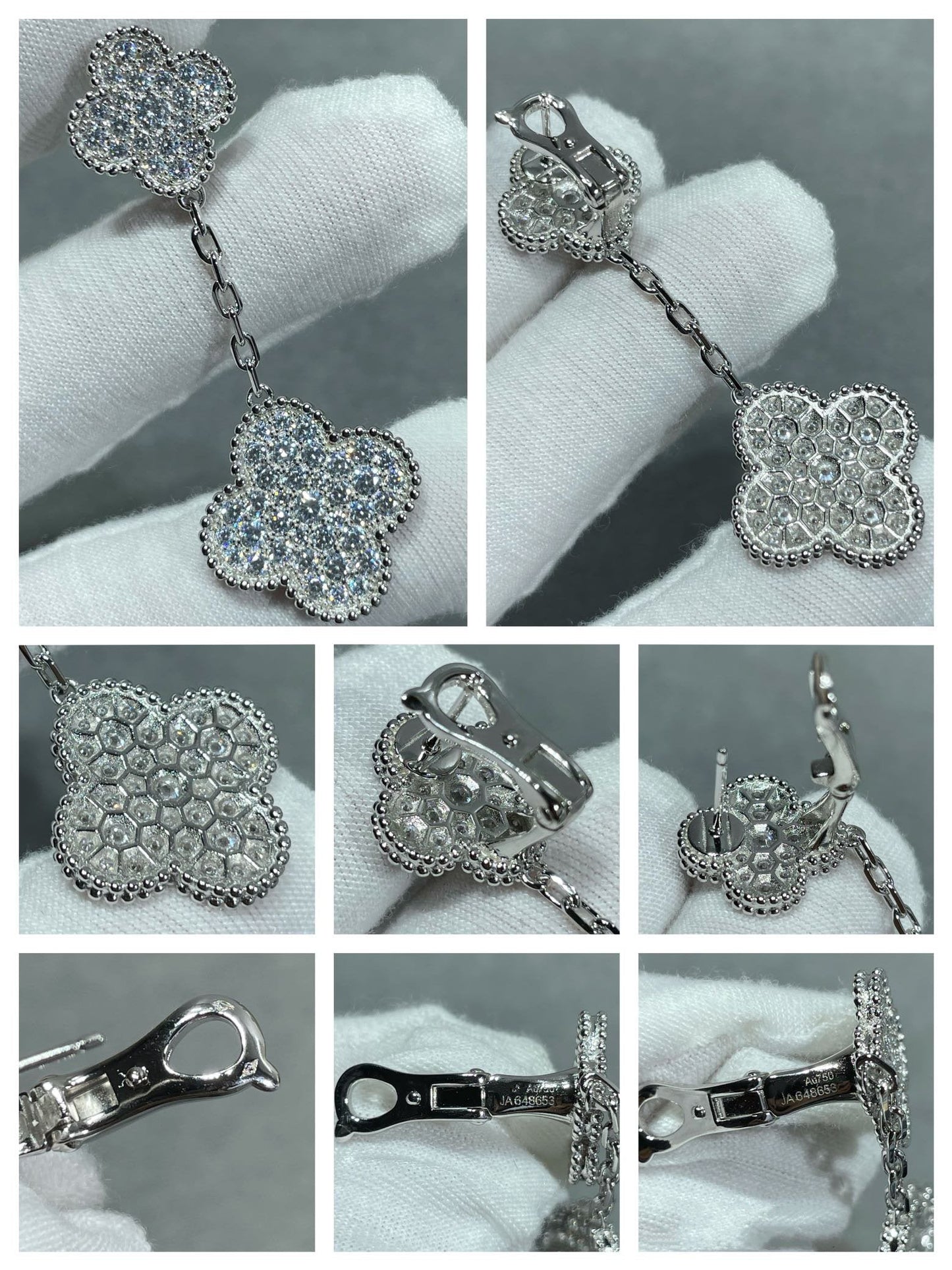 [Glimmer]CLOVER 2 MOTIFS DIAMOND PAVED SILVER EARRINGS