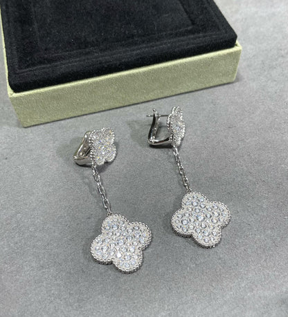 [Glimmer]CLOVER 2 MOTIFS DIAMOND PAVED SILVER EARRINGS