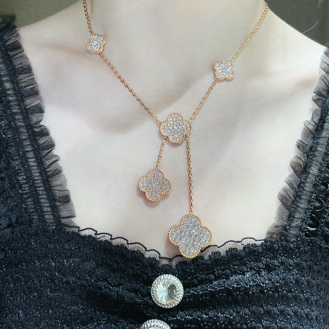 [Glimmer]CLOVER 6 MOTIF DIAMOND PAVED NECKLACE