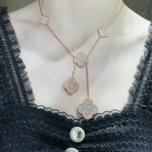 [Glimmer]CLOVER 6 MOTIF DIAMOND PAVED NECKLACE