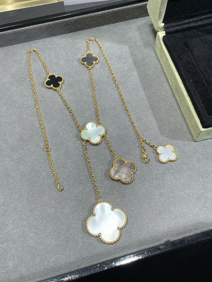 [Glimmer]CLOVER 6 MOTIF MOP ONYX GOLD NECKLACE