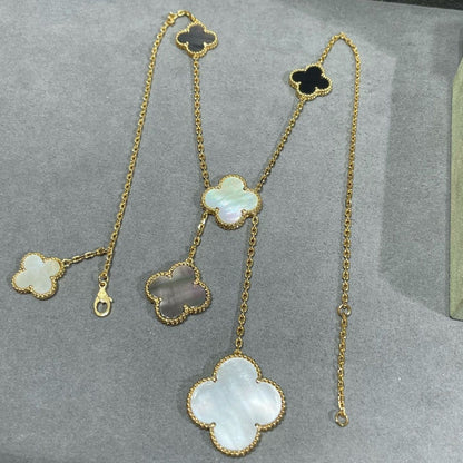 [Glimmer]CLOVER 6 MOTIF MOP ONYX GOLD NECKLACE