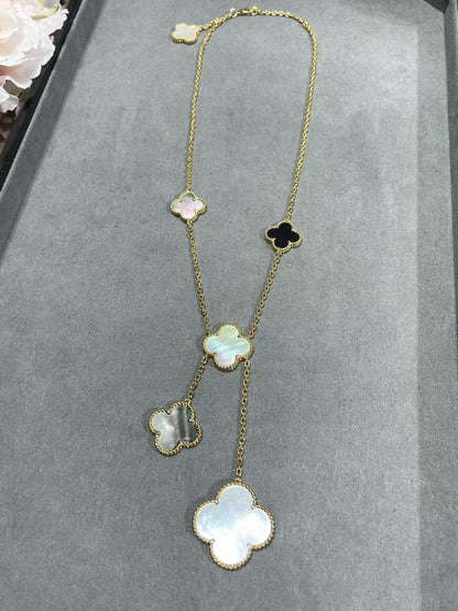 [Glimmer]CLOVER 6 MOTIF MOP ONYX GOLD NECKLACE