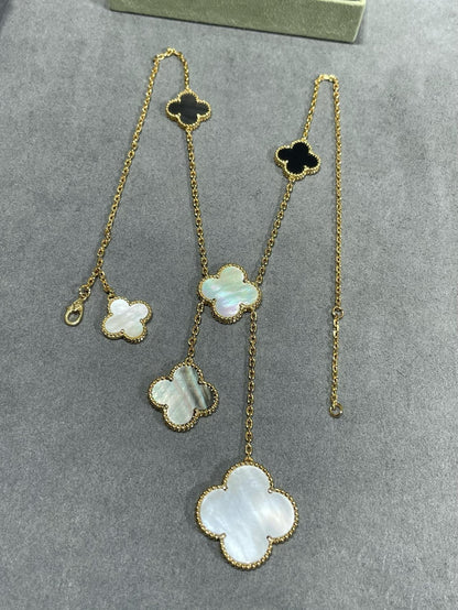 [Glimmer]CLOVER 6 MOTIF MOP ONYX GOLD NECKLACE