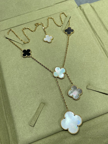 [Glimmer]CLOVER 6 MOTIF MOP ONYX GOLD NECKLACE