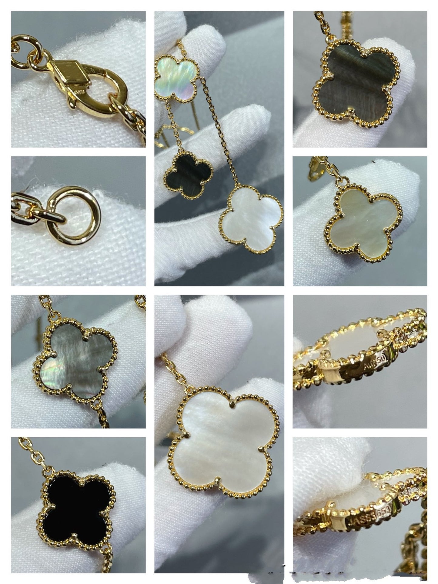[Glimmer]CLOVER 6 MOTIF MOP ONYX GOLD NECKLACE