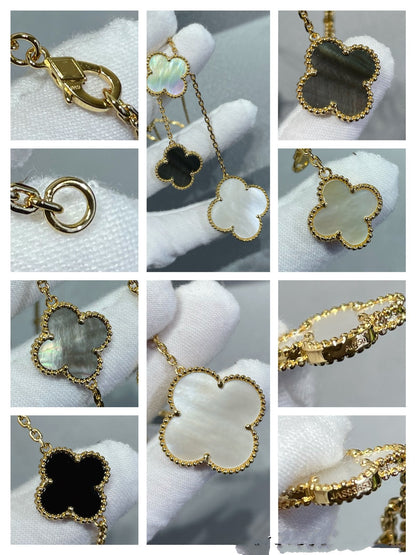 [Glimmer]CLOVER 6 MOTIF MOP ONYX GOLD NECKLACE