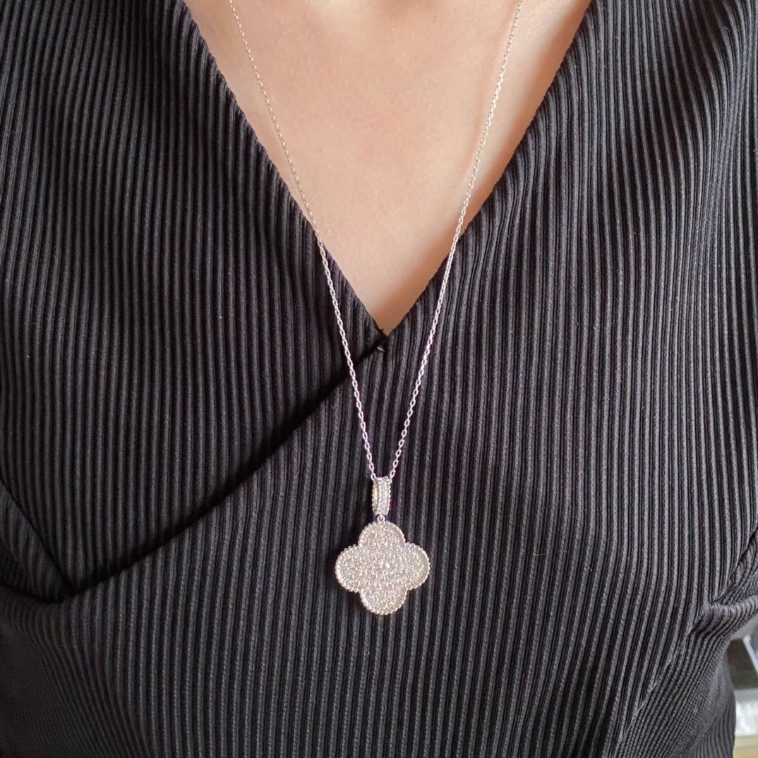 [Glimmer]CLOVER 25MM LARGE PEDANT DIAMOND PAVED LONG NECKLACE