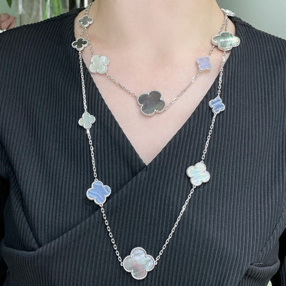 [Glimmer]CLOVER 16 MOTIF CHALCEDONY MOP SILVER NECKLACE