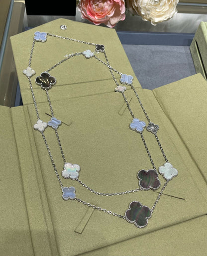 [Glimmer]CLOVER 16 MOTIF CHALCEDONY MOP SILVER NECKLACE