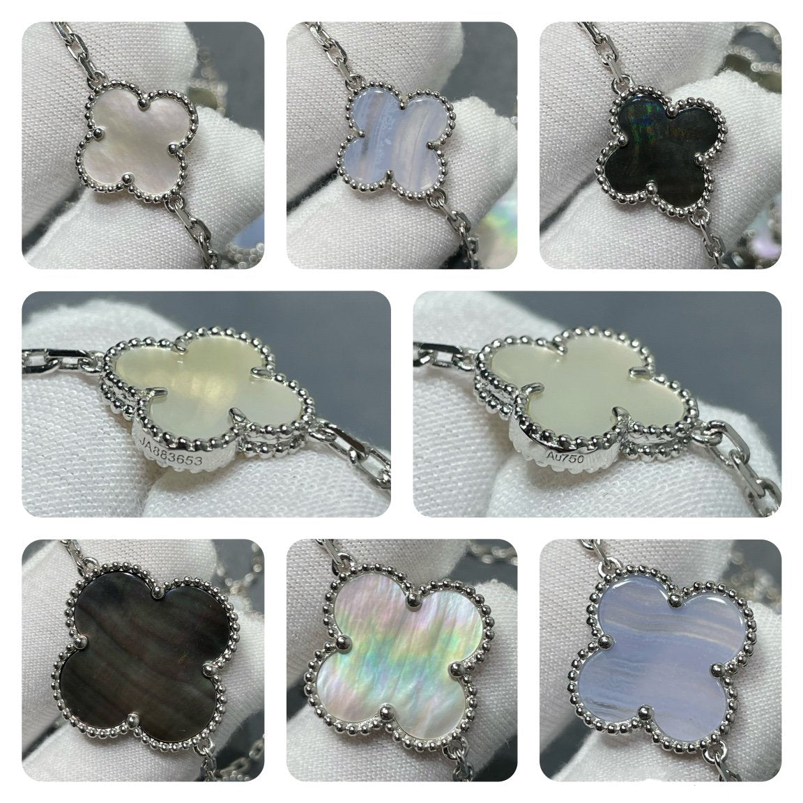 [Glimmer]CLOVER 16 MOTIF CHALCEDONY MOP SILVER NECKLACE