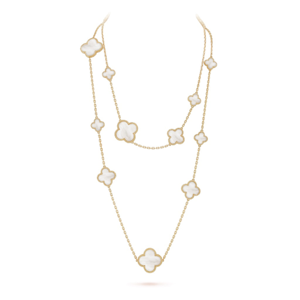 [Glimmer]CLOVER 16 MOTIF WHITE MOP GOLD NECKLACE