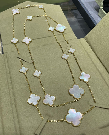 [Glimmer]CLOVER 16 MOTIF WHITE MOP GOLD NECKLACE