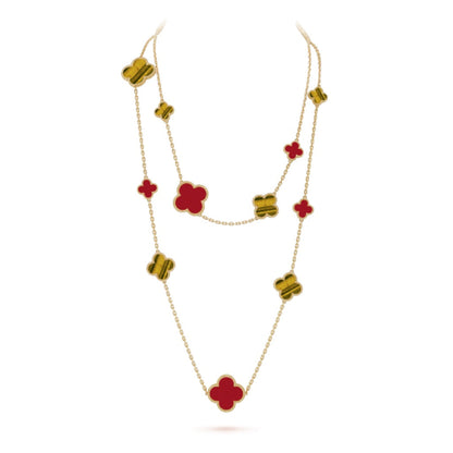 [Glimmer]CLOVER 16 MOTIF CARNELIAN TIGER EYE Glimmer GOLD NECKLACE
