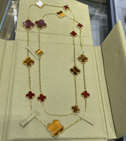 [Glimmer]CLOVER 16 MOTIF CARNELIAN TIGER EYE Glimmer GOLD NECKLACE