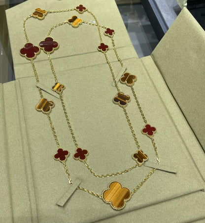 [Glimmer]CLOVER 16 MOTIF CARNELIAN TIGER EYE Glimmer GOLD NECKLACE