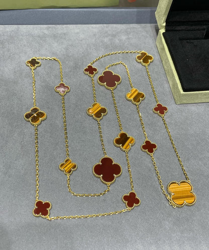 [Glimmer]CLOVER 16 MOTIF CARNELIAN TIGER EYE Glimmer GOLD NECKLACE