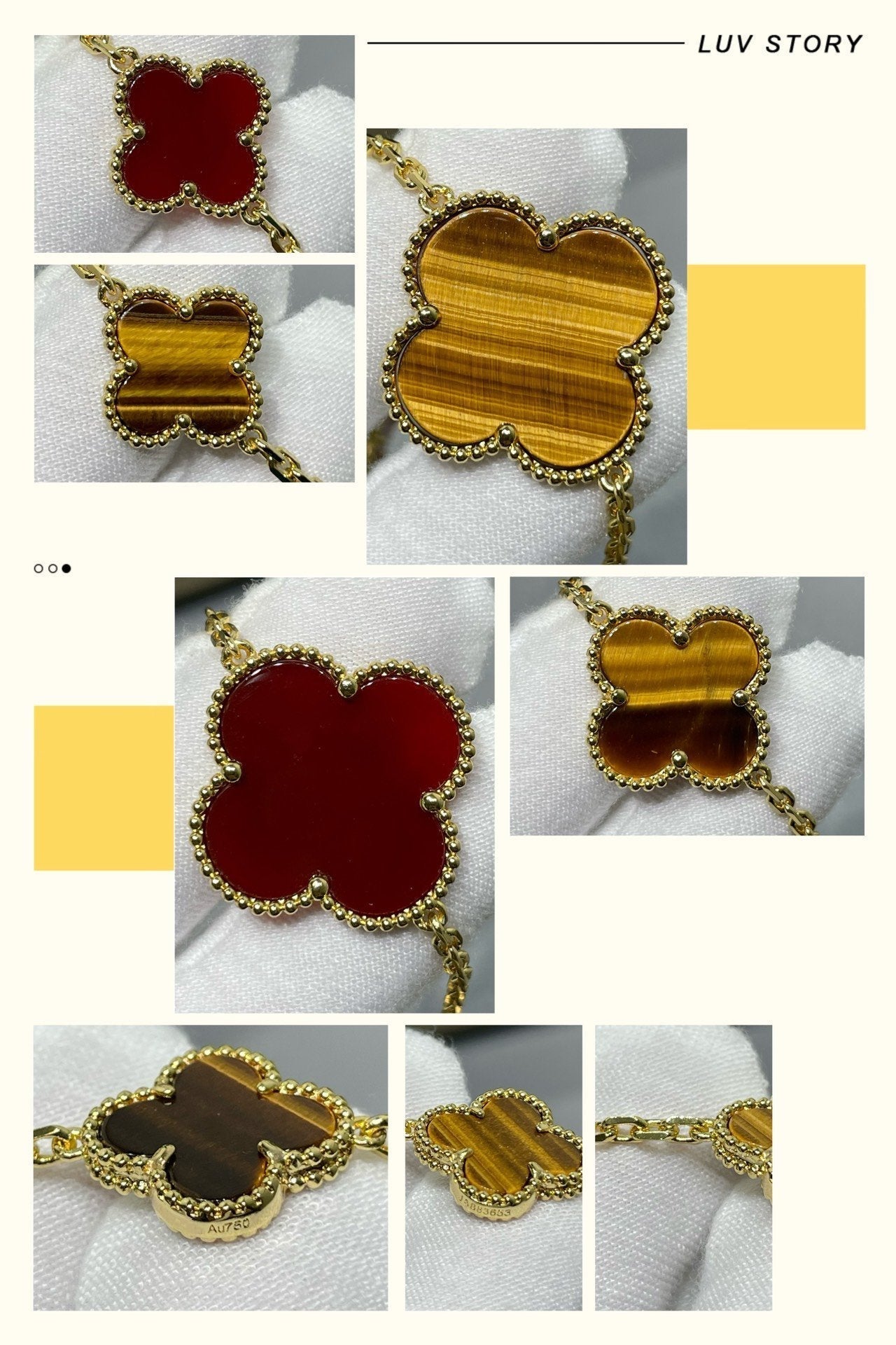 [Glimmer]CLOVER 16 MOTIF CARNELIAN TIGER EYE Glimmer GOLD NECKLACE