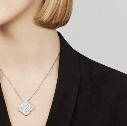 [Glimmer]CLOVER 25MM LARGE PENDANT DIAMOND PAVED SILVER NECKLACE