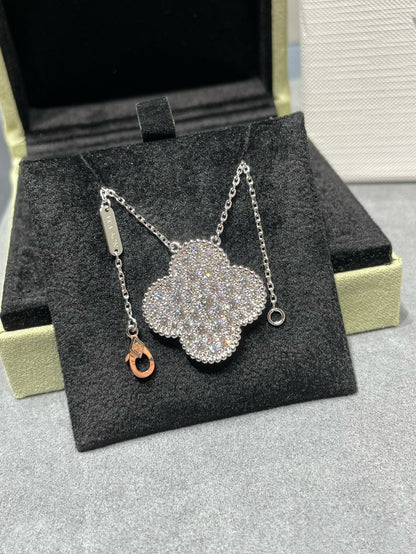 [Glimmer]CLOVER 25MM LARGE PENDANT DIAMOND PAVED SILVER NECKLACE