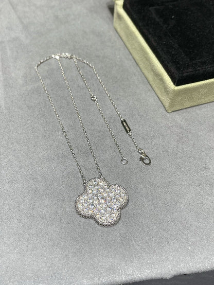 [Glimmer]CLOVER 25MM LARGE PENDANT DIAMOND PAVED SILVER NECKLACE