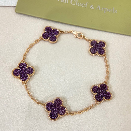 [Liorra]NEW PURPLE SAND-GOLD FOUR-LEAF CLOVER 5-FLOWER BRACELET